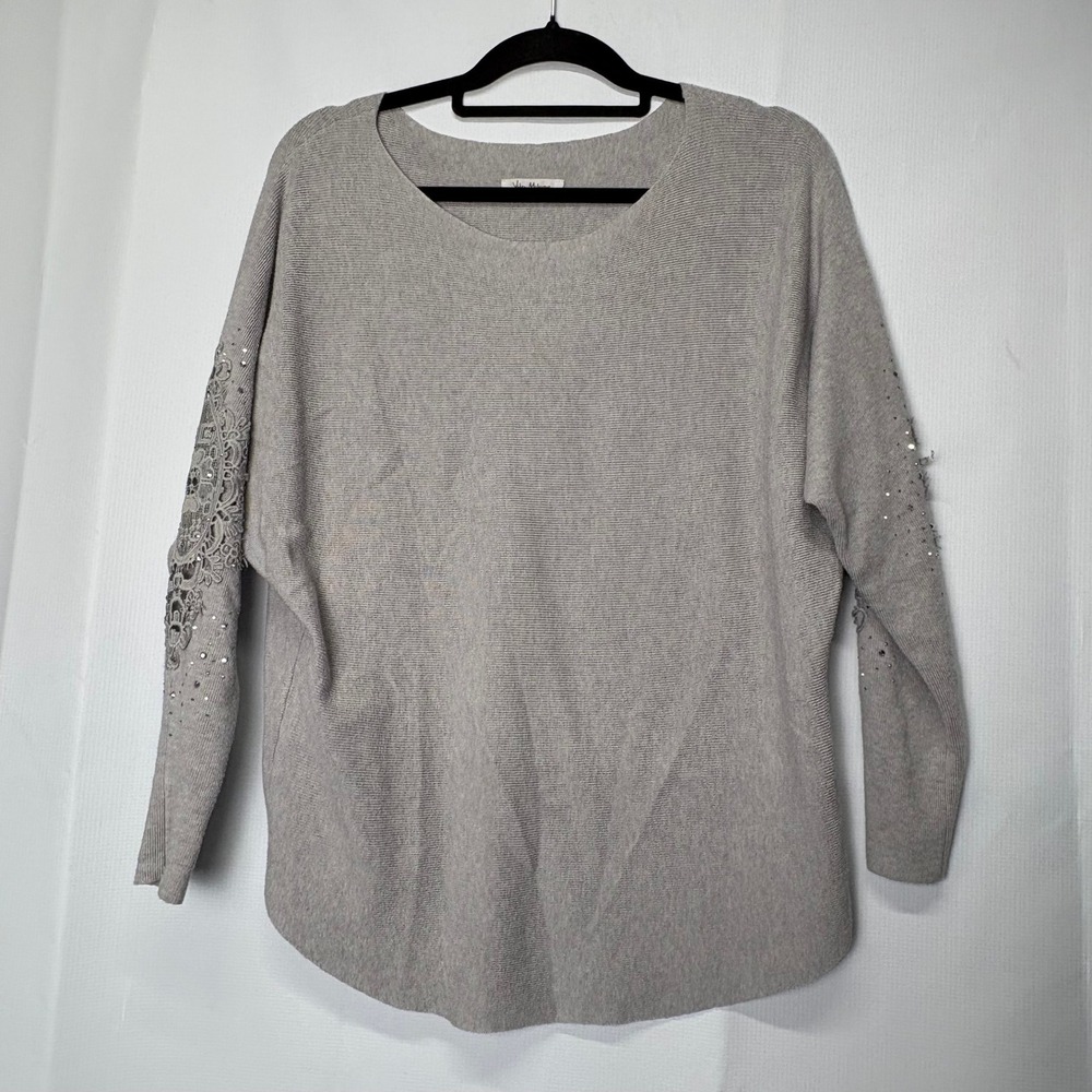 Vita Milano Women's Gray Lace Sleeve Embellished Sleeve Sweater‎ Top Career